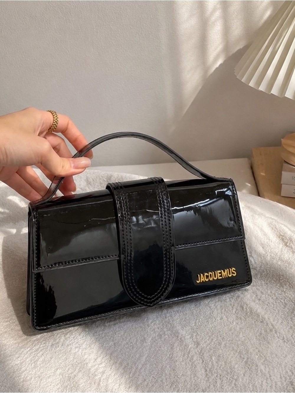Jacquemus Black Patent Mini Top-Handle Bag with Gold Logo